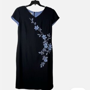 Talbots Shift Dress Womens Size 8 Black V Neck Floral Embroidered Cap Sleeve